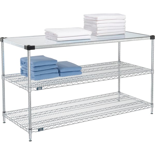 Nexel 3 Shelf, Chrome Wire Shelving Unit, Starter, 1 Solid Shelf, 60inW x 24inD x 34inH B3124353 - main